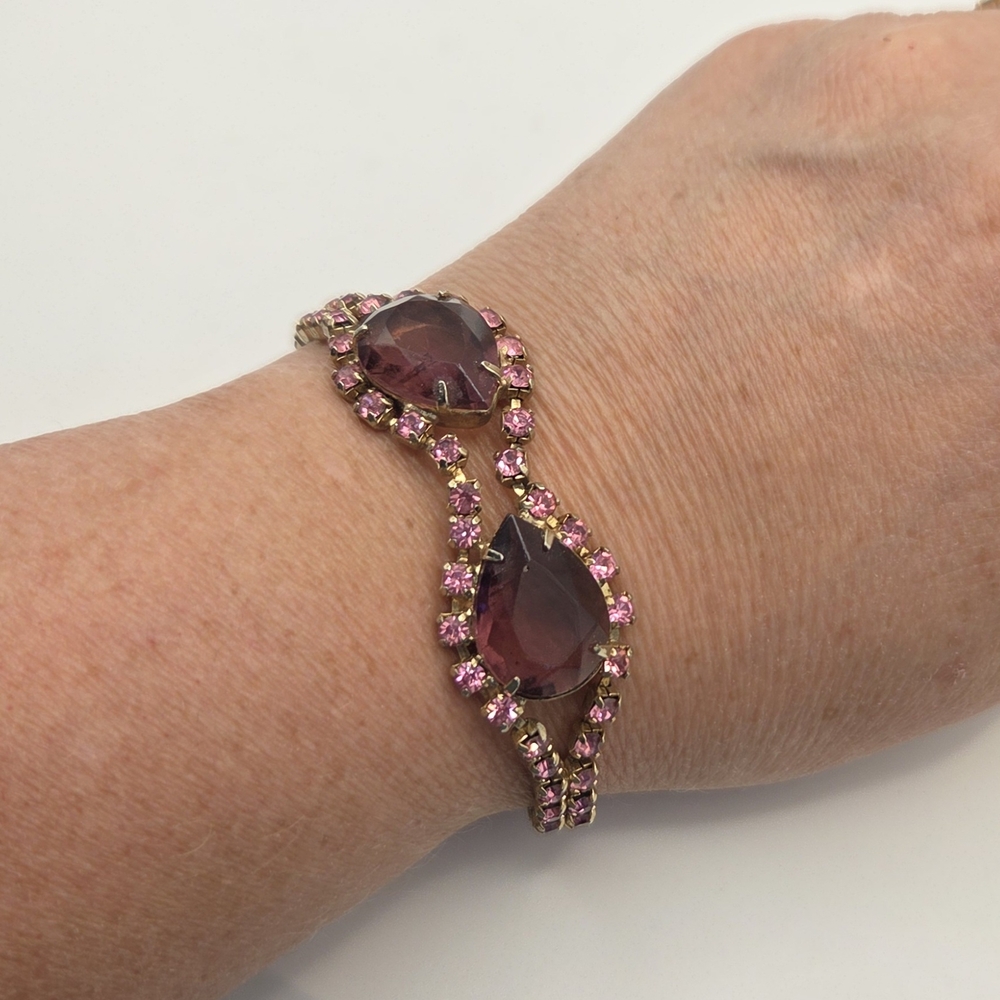 Vintage Pink And Purple Rhinestone Tear Drop Bracelet